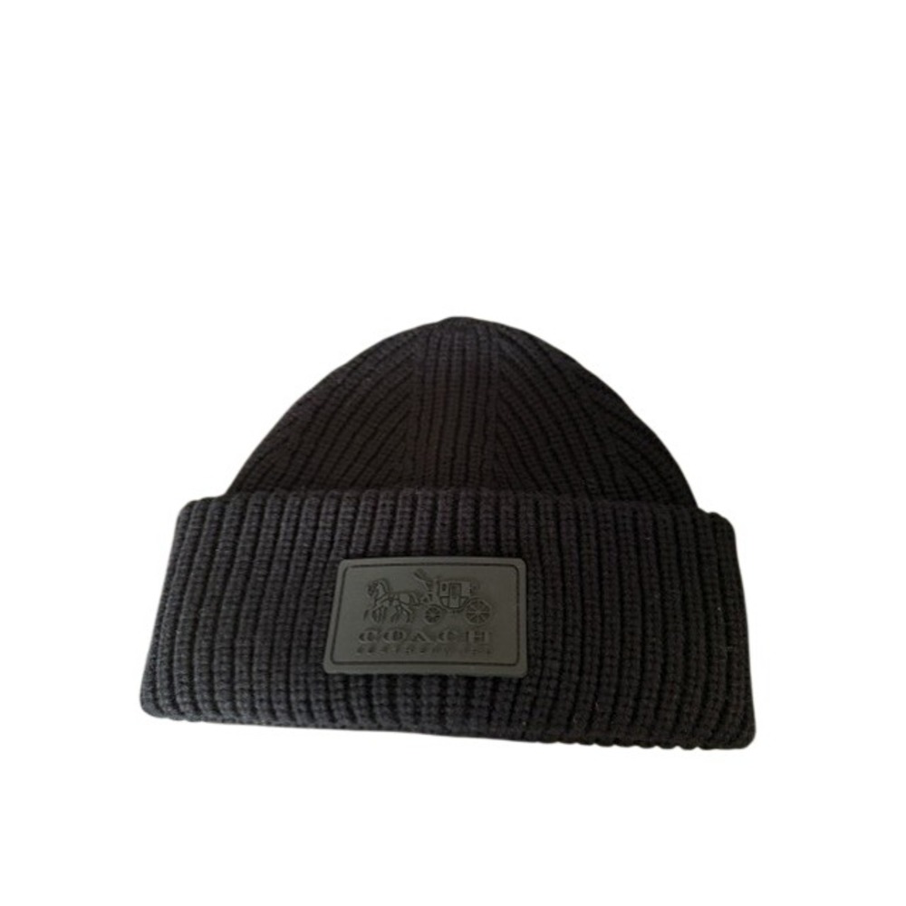 Coach Black Wool Blend Ribbed Knit Beanie Horse and Carriage Logo Patch Hat O/S